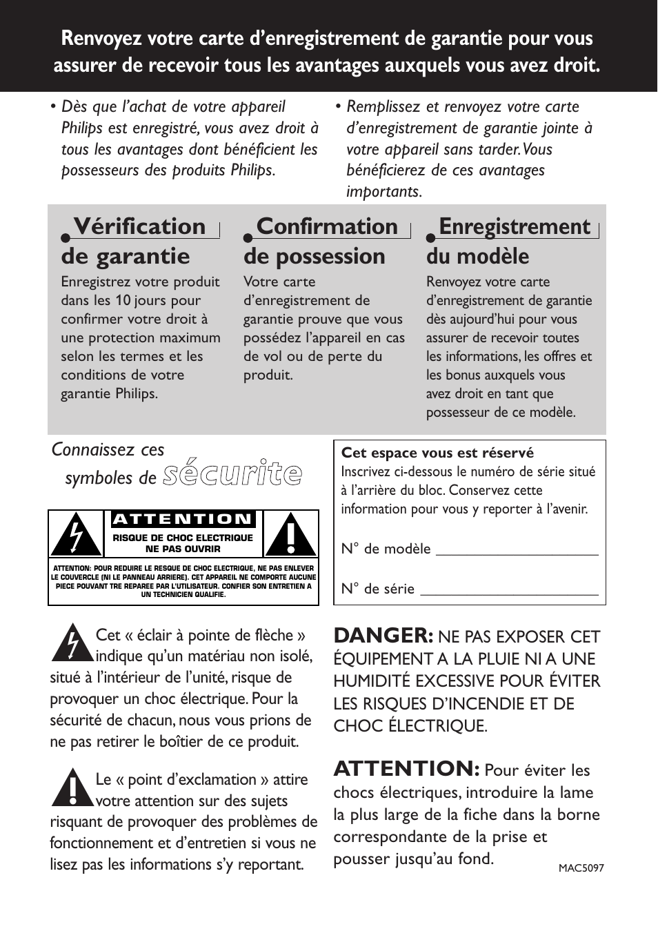 Ssé éc cu urriitte e, Vérification de garantie, Confirmation de possession | Enregistrement du modèle | Philips AZ9106 User Manual | Page 24 / 66