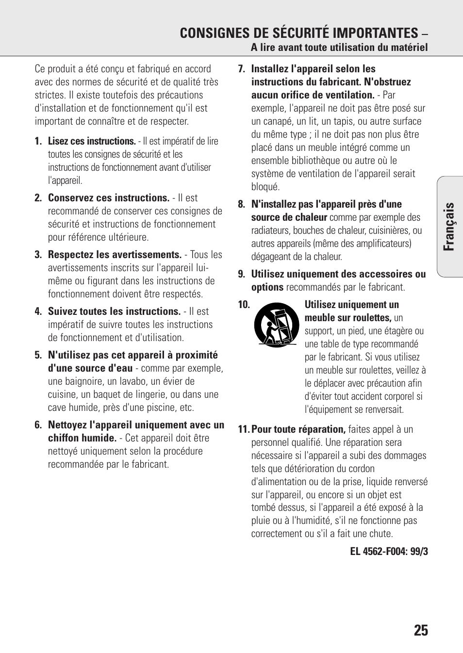 Français consignes de sécurité importantes | Philips AZ9106 User Manual | Page 25 / 66