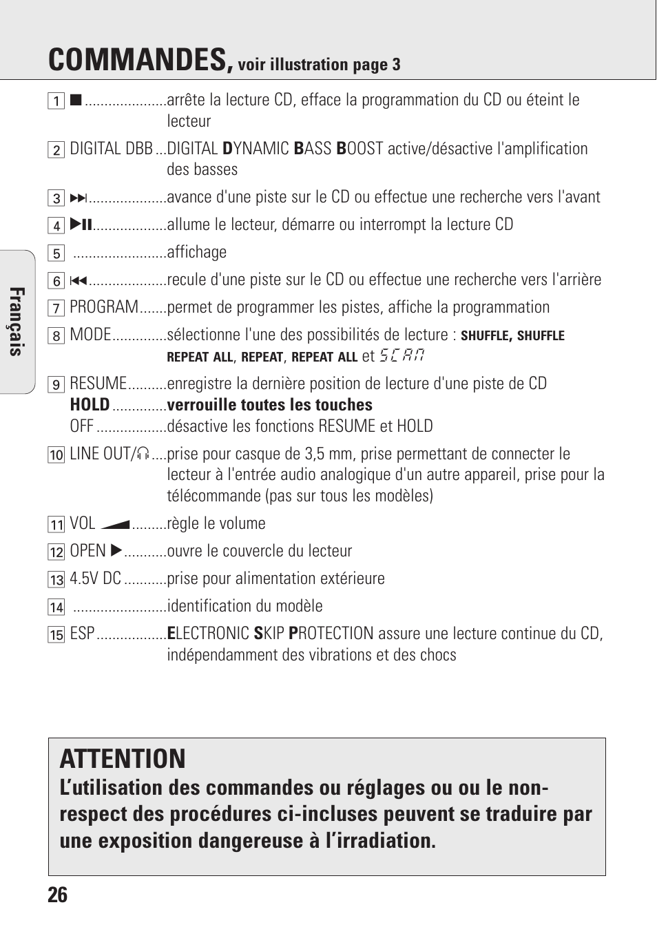 Commandes, Attention | Philips AZ9106 User Manual | Page 26 / 66