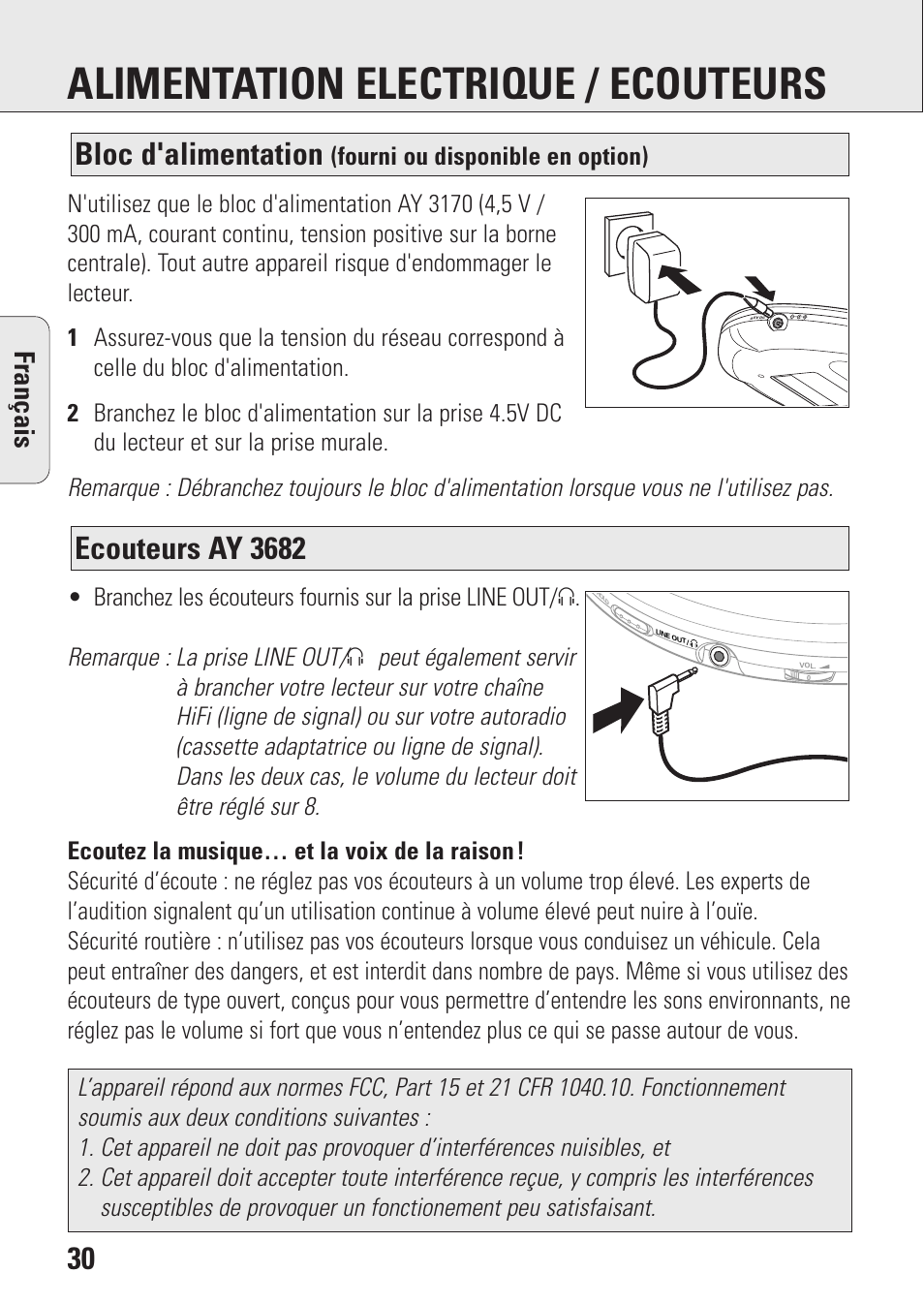 Alimentation electrique / ecouteurs, Ecouteurs ay 3682, Bloc d'alimentation | Fran ç ais, Fourni ou disponible en option) | Philips AZ9106 User Manual | Page 30 / 66