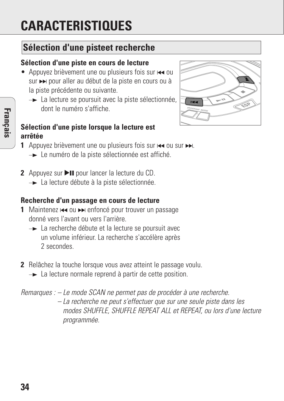 Caracteristiques, Sélection d'une pisteet recherche, Fran ç ais | Philips AZ9106 User Manual | Page 34 / 66