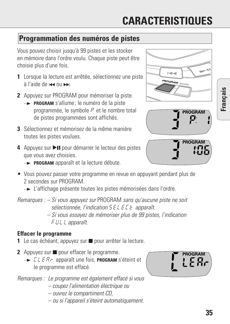 Caracteristiques, Programmation des numéros de pistes, Fran ç ais | Philips AZ9106 User Manual | Page 35 / 66