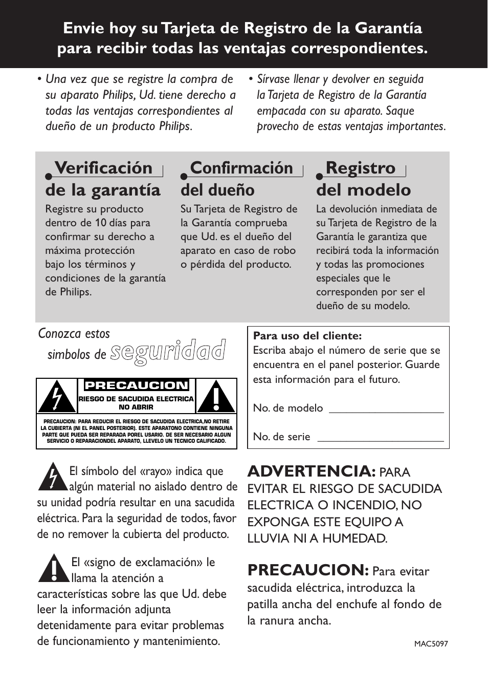 Sse eggu urriid da ad d, Verificación de la garantía, Confirmación del dueño | Registro del modelo | Philips AZ9106 User Manual | Page 44 / 66