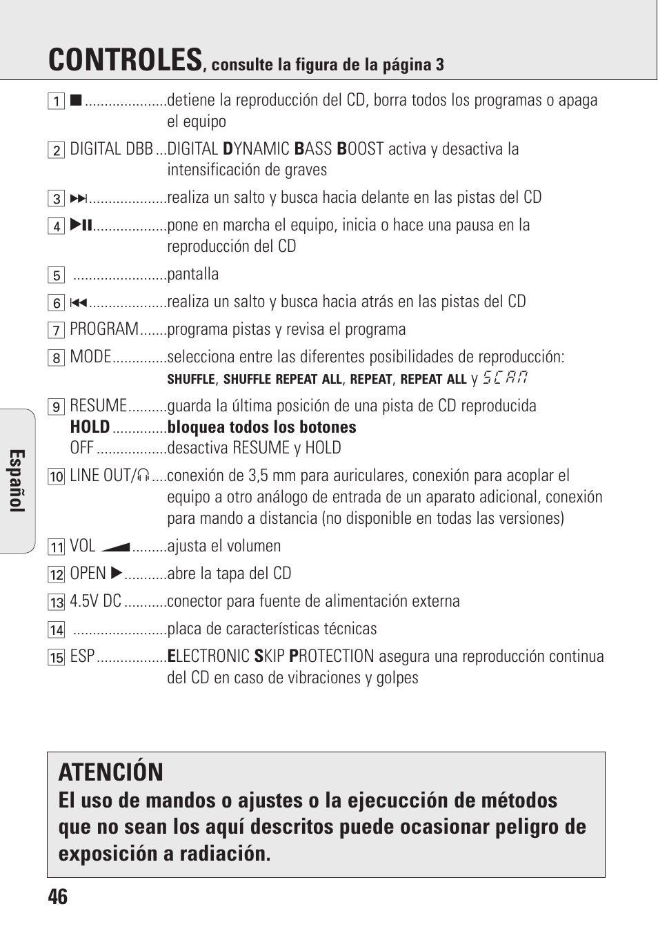 Controles, Atención | Philips AZ9106 User Manual | Page 46 / 66