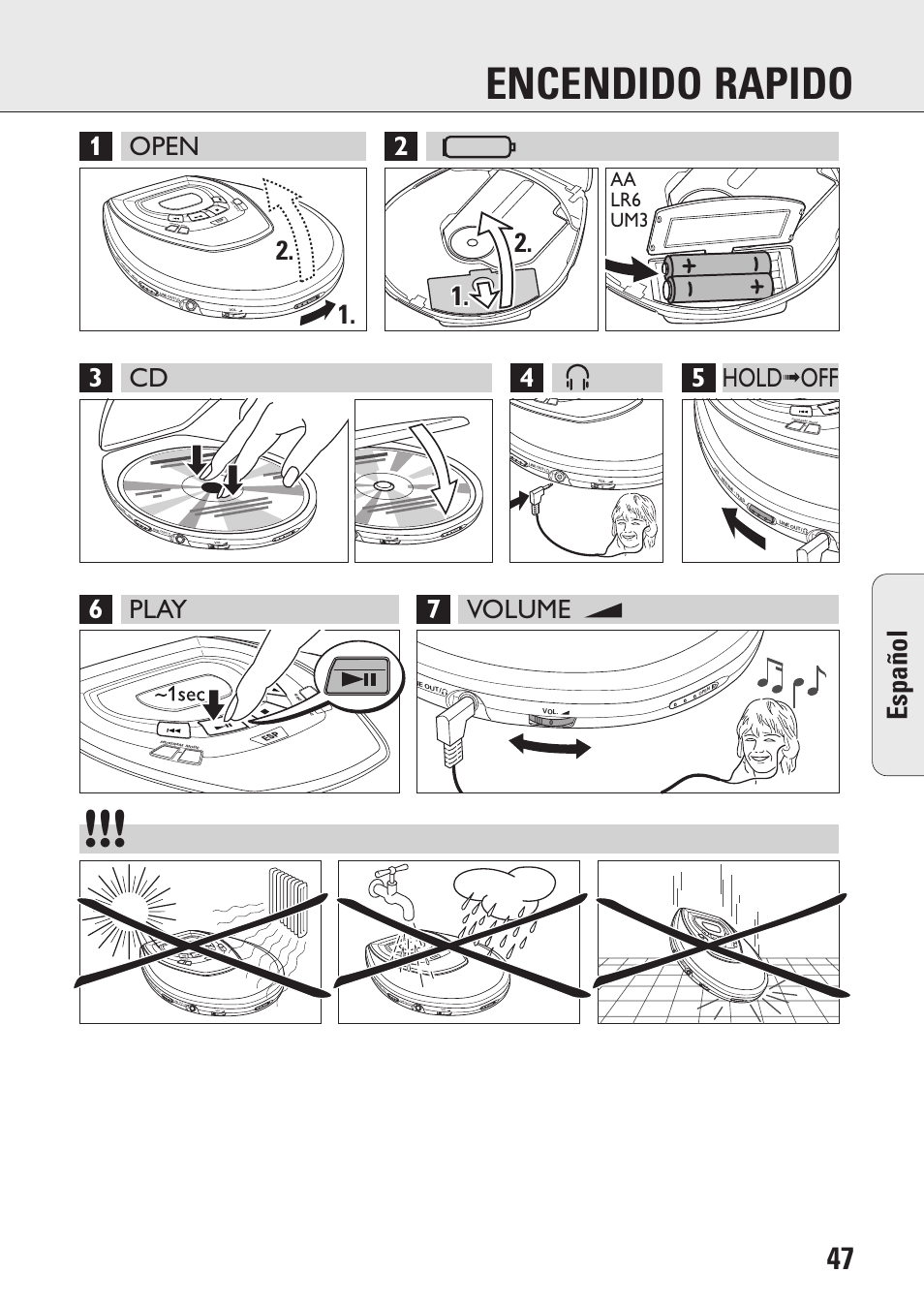 Encendido rapido, Español, Aa lr6 um3 | Philips AZ9106 User Manual | Page 47 / 66