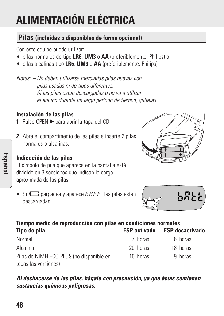 Alimentación eléctrica, Pilas | Philips AZ9106 User Manual | Page 48 / 66