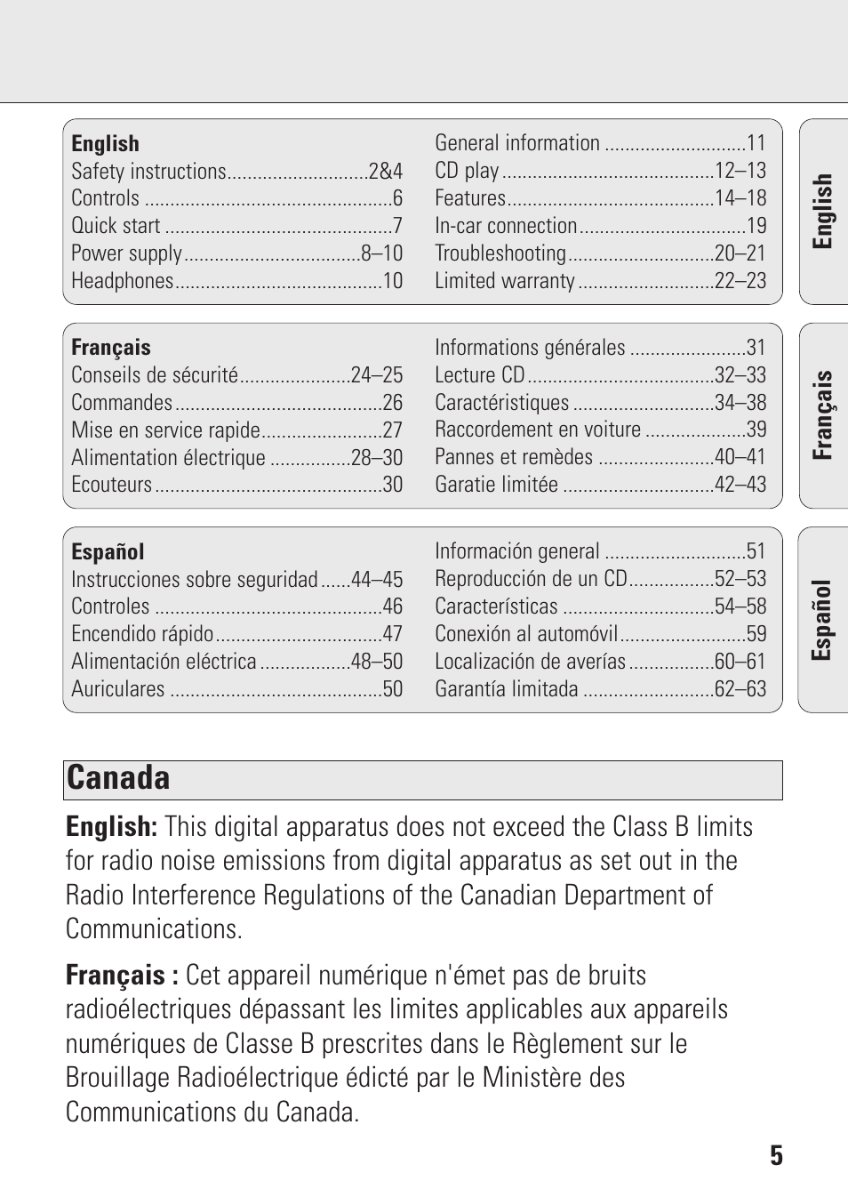 Canada | Philips AZ9106 User Manual | Page 5 / 66