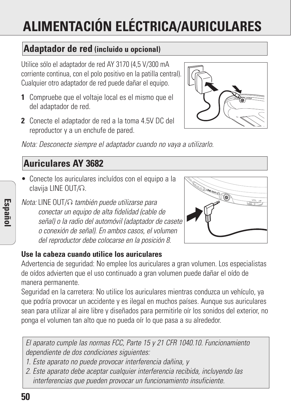 Alimentación eléctrica/auriculares, Auriculares ay 3682, Adaptador de red | Espa ñ ol | Philips AZ9106 User Manual | Page 50 / 66