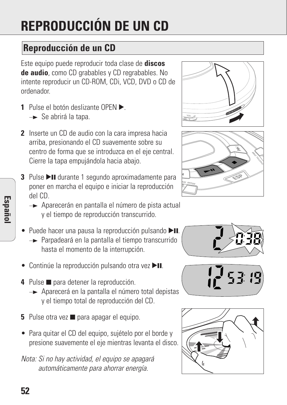 Reproducción de un cd, Espa ñ ol | Philips AZ9106 User Manual | Page 52 / 66