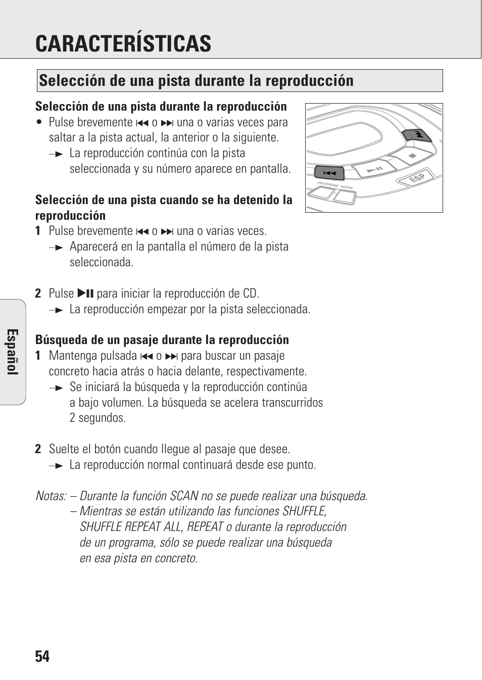 Características, Selección de una pista durante la reproducción, Espa ñ ol | Philips AZ9106 User Manual | Page 54 / 66