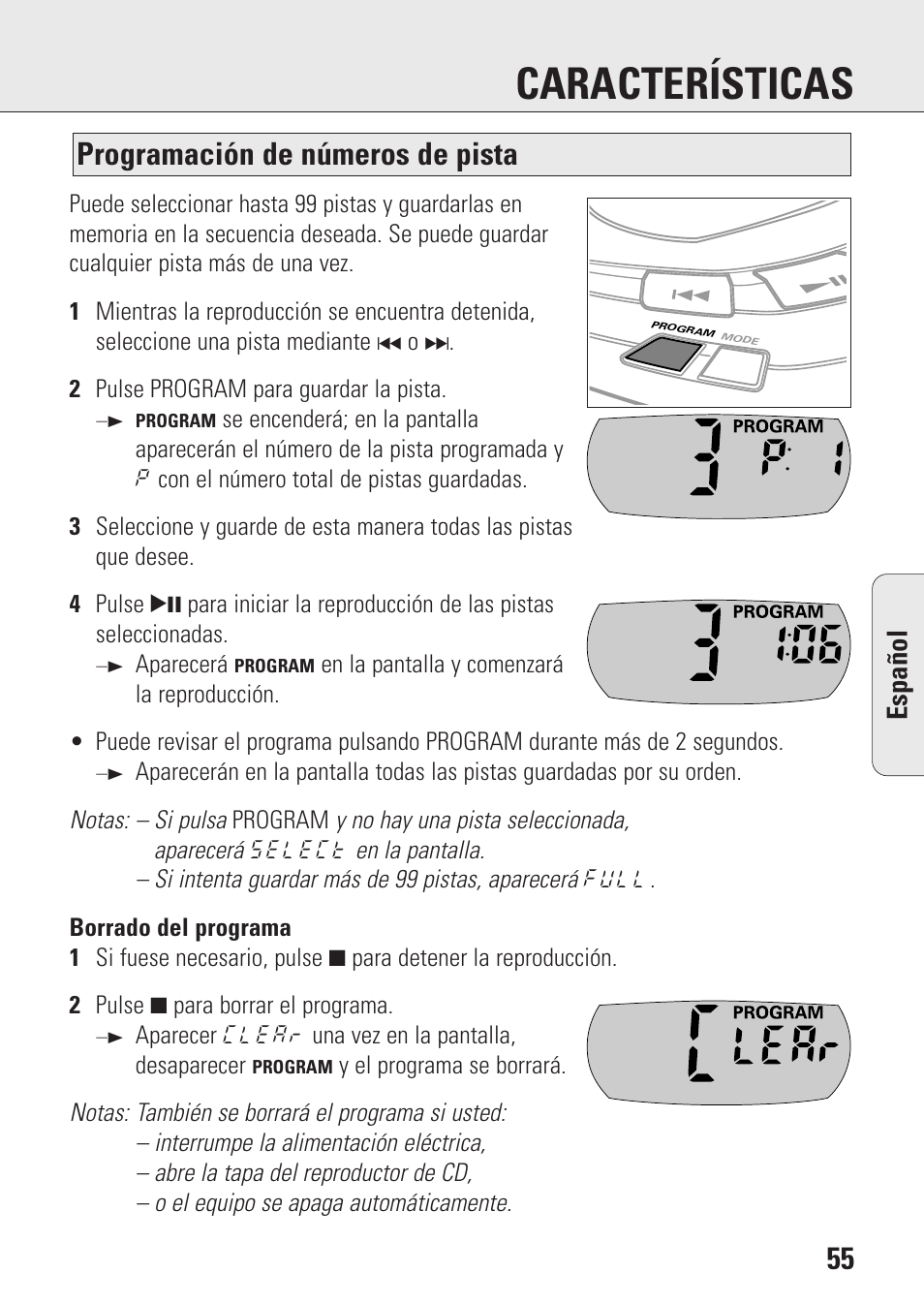 Características, Programación de números de pista, Espa ñ ol | Philips AZ9106 User Manual | Page 55 / 66