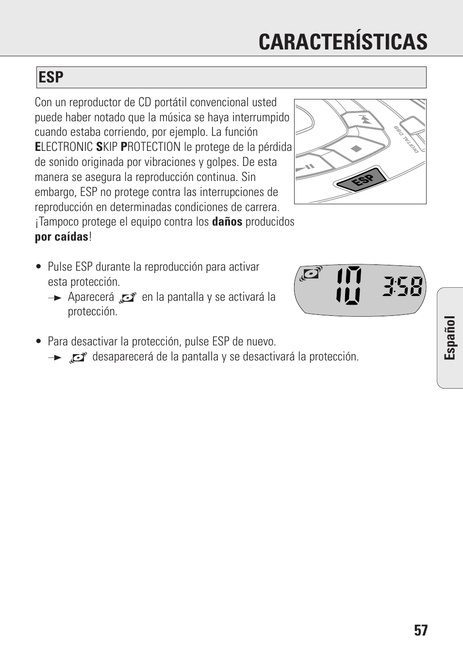 Características, Espa ñ ol | Philips AZ9106 User Manual | Page 57 / 66