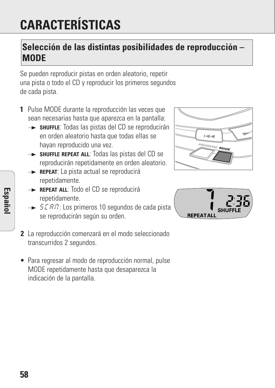 Características, Espa ñ ol | Philips AZ9106 User Manual | Page 58 / 66