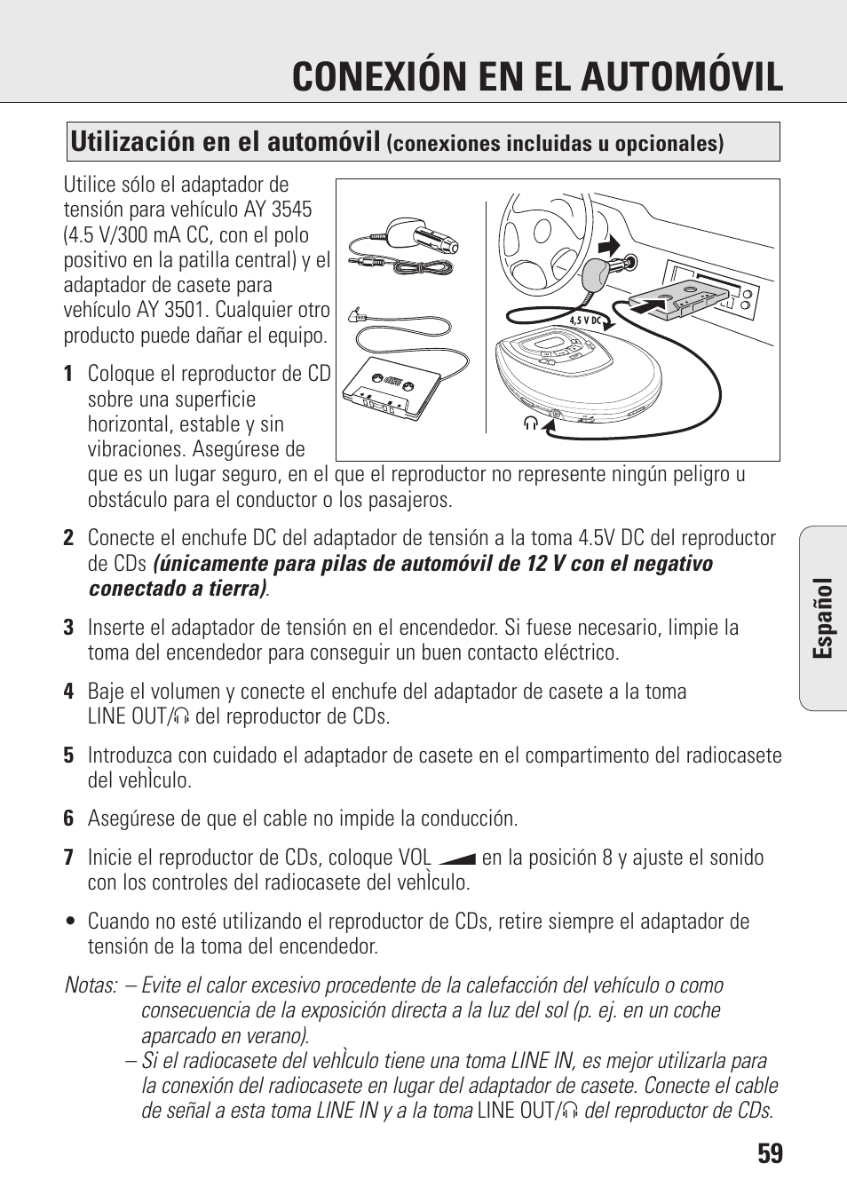 Conexión en el automóvil, Utilización en el automóvil, Espa ñ ol | Conexiones incluidas u opcionales) | Philips AZ9106 User Manual | Page 59 / 66