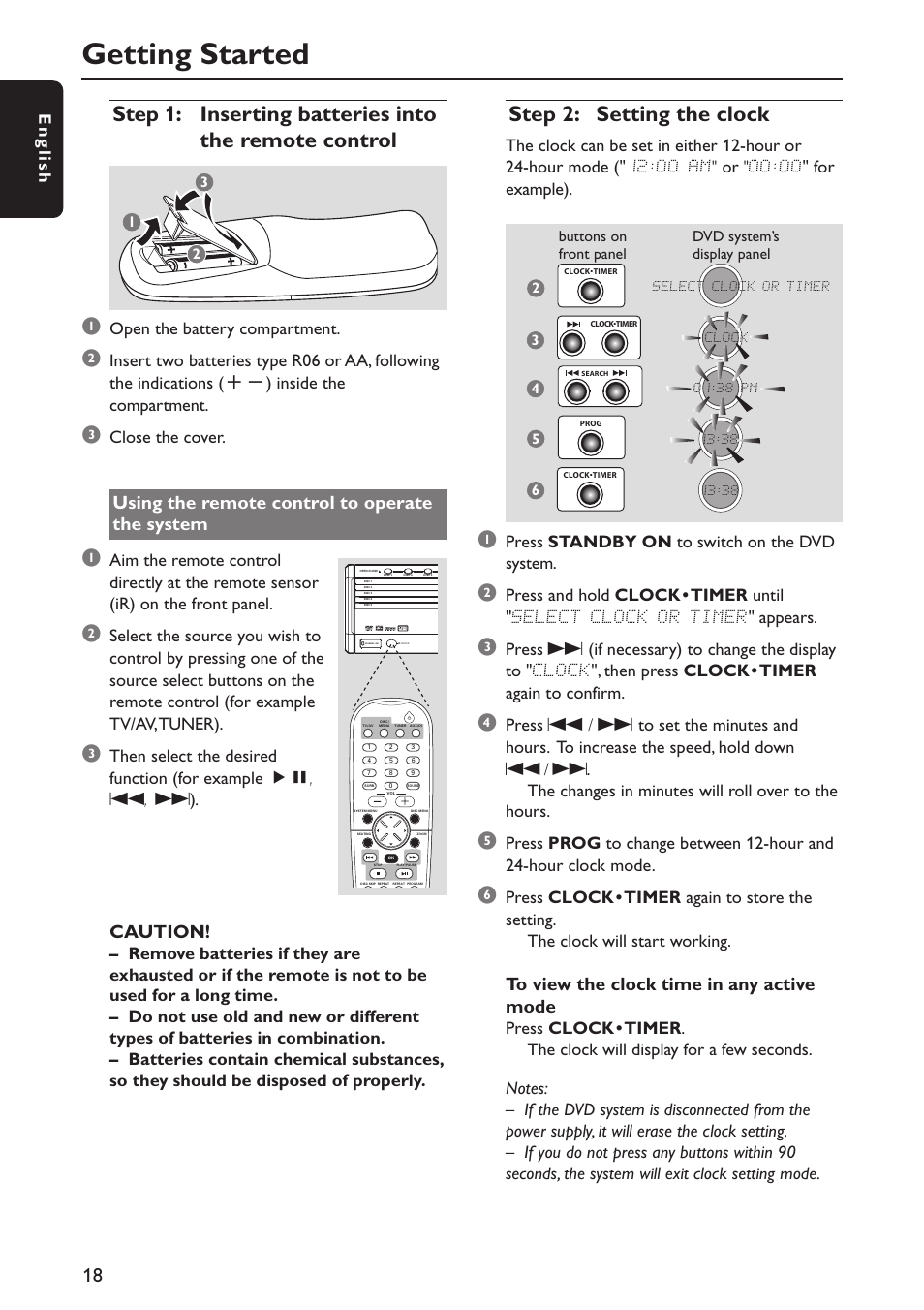 Getting started, Step 2: setting the clock, Using the remote control to operate the system | Caution, English, Open the battery compartment, Close the cover, Press standby on to switch on the dvd system | Philips MX5800SA/21 User Manual | Page 18 / 49