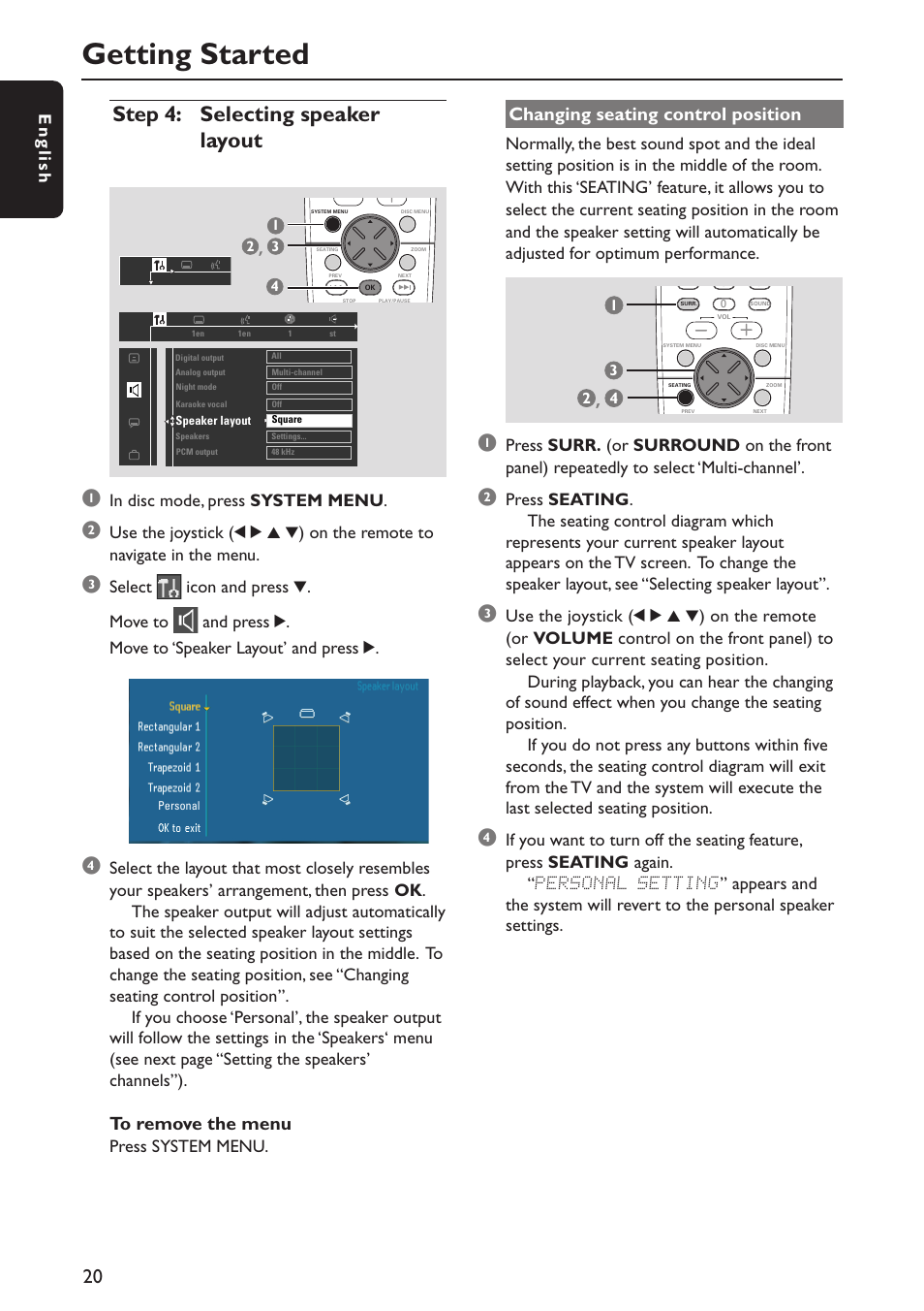 Getting started, Step 4: selecting speaker layout 1, Changing seating control position | English, Press system menu | Philips MX5800SA/21 User Manual | Page 20 / 49