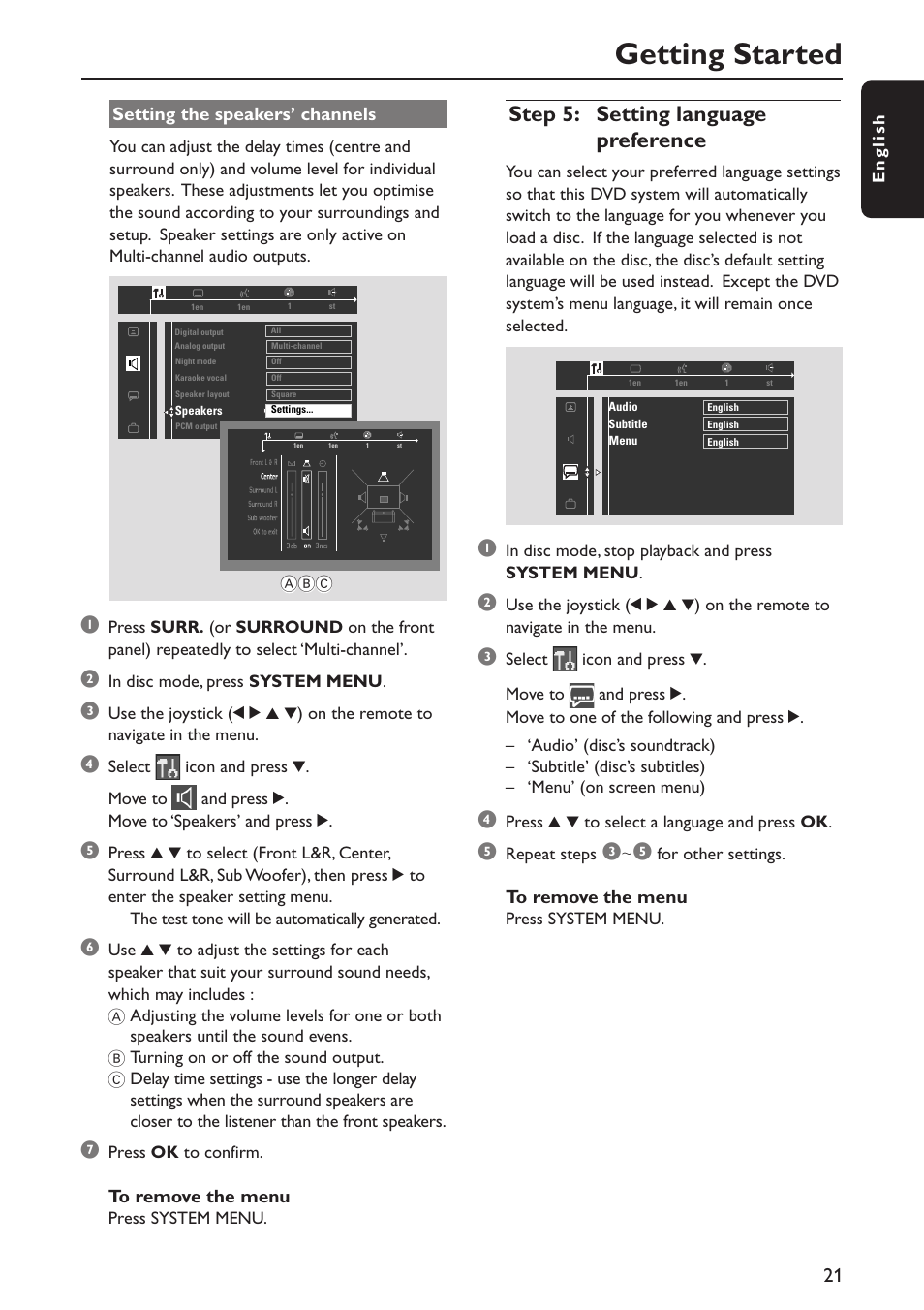 Getting started, Step 5: setting language preference | Philips MX5800SA/21 User Manual | Page 21 / 49