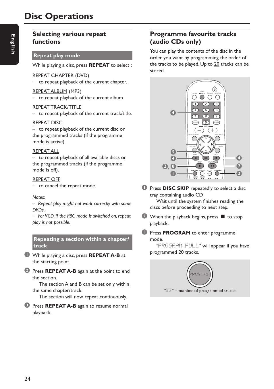 Disc operations, Selecting various repeat functions, Programme favourite tracks (audio cds only) | Repeat play mode, English, Press repeat a-b again to resume normal playback, When the playback begins, press ç to stop playback | Philips MX5800SA/21 User Manual | Page 24 / 49