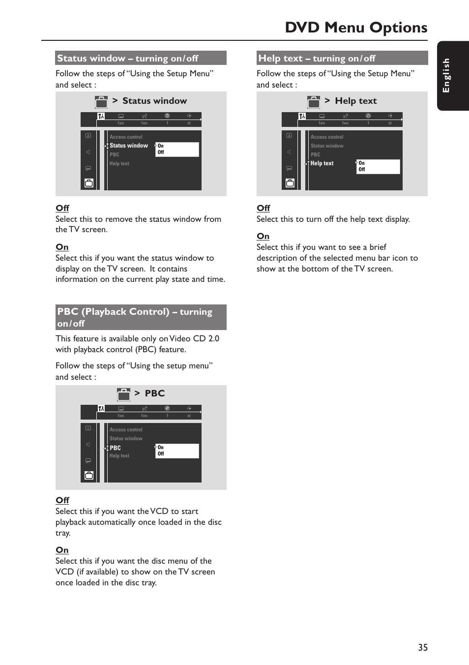 Dvd menu options, Status window, Pbc (playback control) | Help text, Turning on / off, English | Philips MX5800SA/21 User Manual | Page 35 / 49
