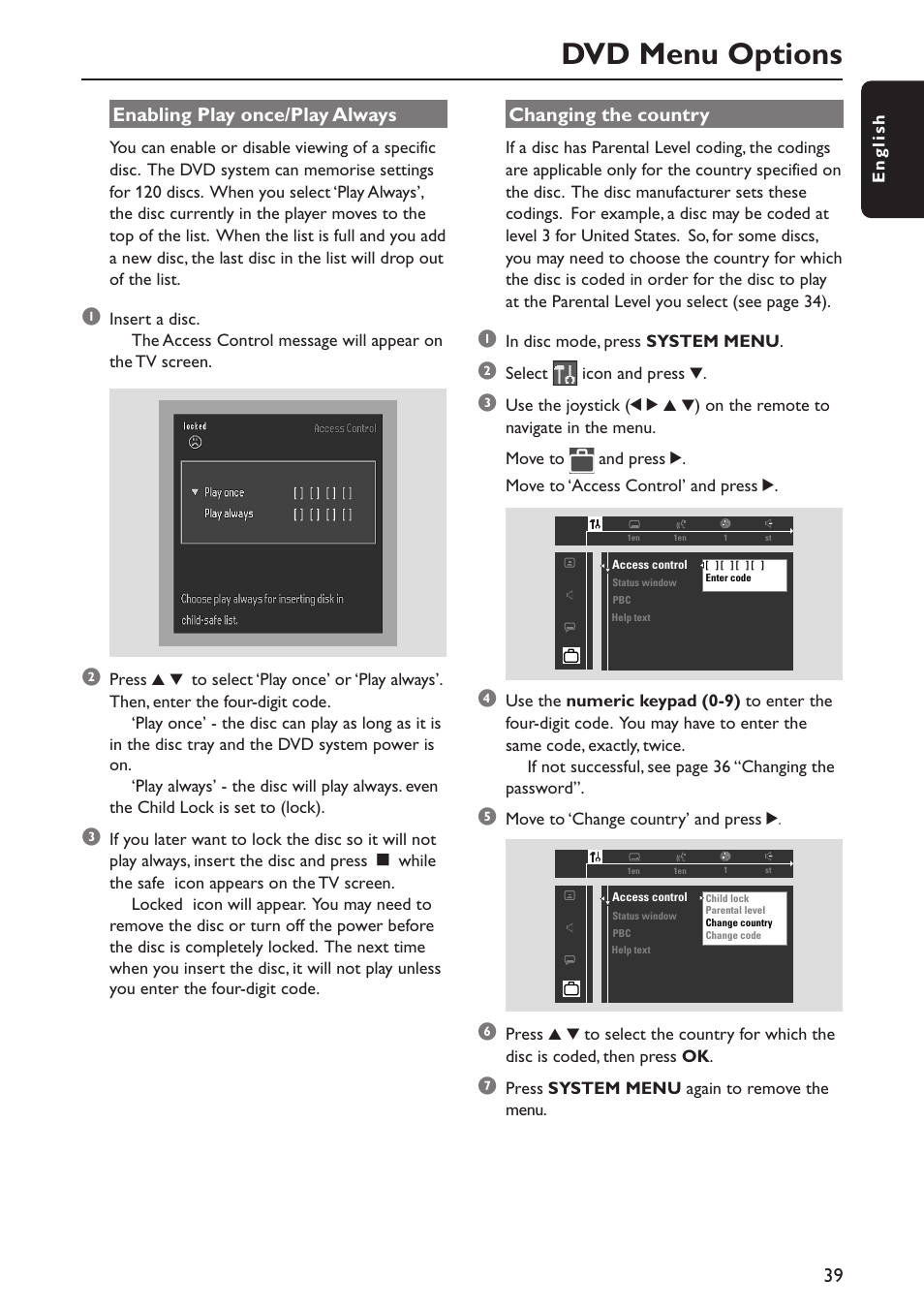 Dvd menu options, Enabling play once/play always, Changing the country | Philips MX5800SA/21 User Manual | Page 39 / 49