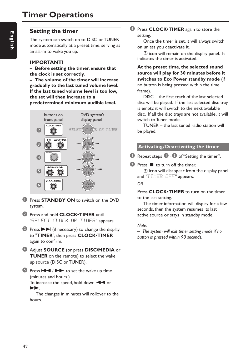 Timer operations, Setting the timer | Philips MX5800SA/21 User Manual | Page 42 / 49