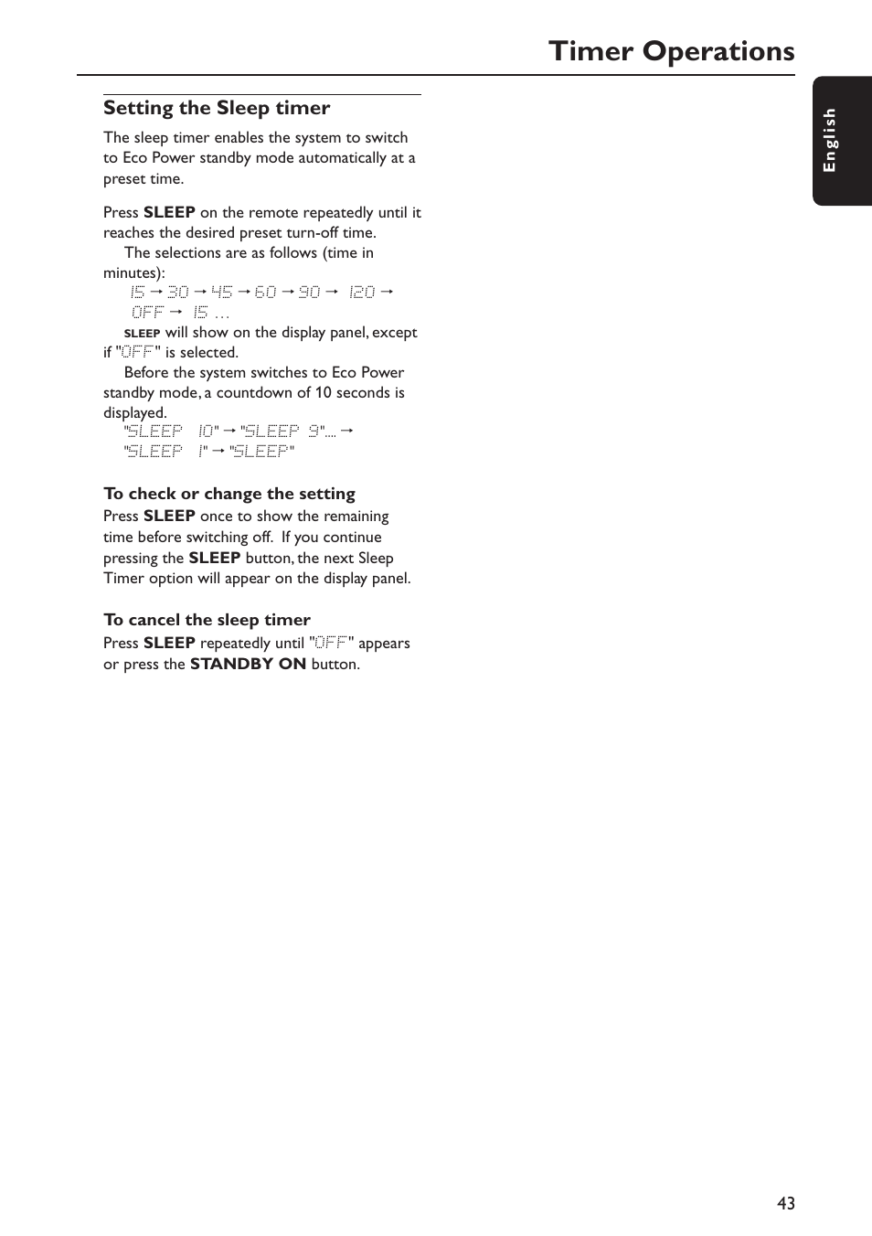 Timer operations, Setting the sleep timer | Philips MX5800SA/21 User Manual | Page 43 / 49