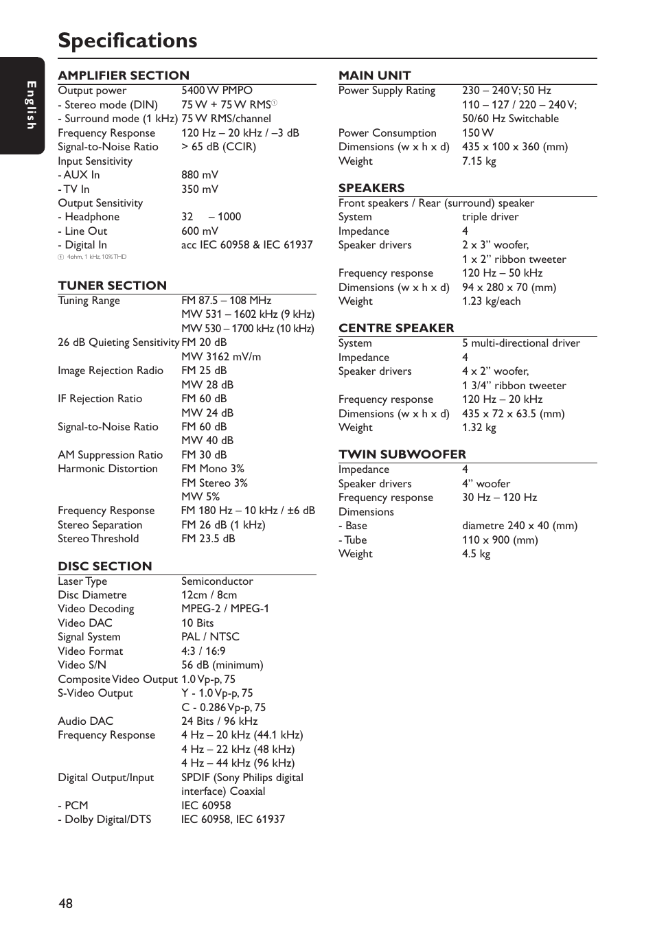 Specifications | Philips MX5800SA/21 User Manual | Page 48 / 49