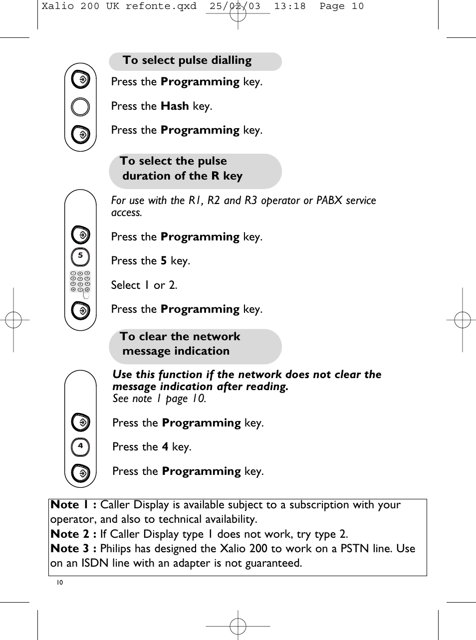 To select pulse dialling, To select the pulse duration of, The r key | To clear the message network, Indication, Notes | Philips Xalio 200 Duo User Manual | Page 12 / 17