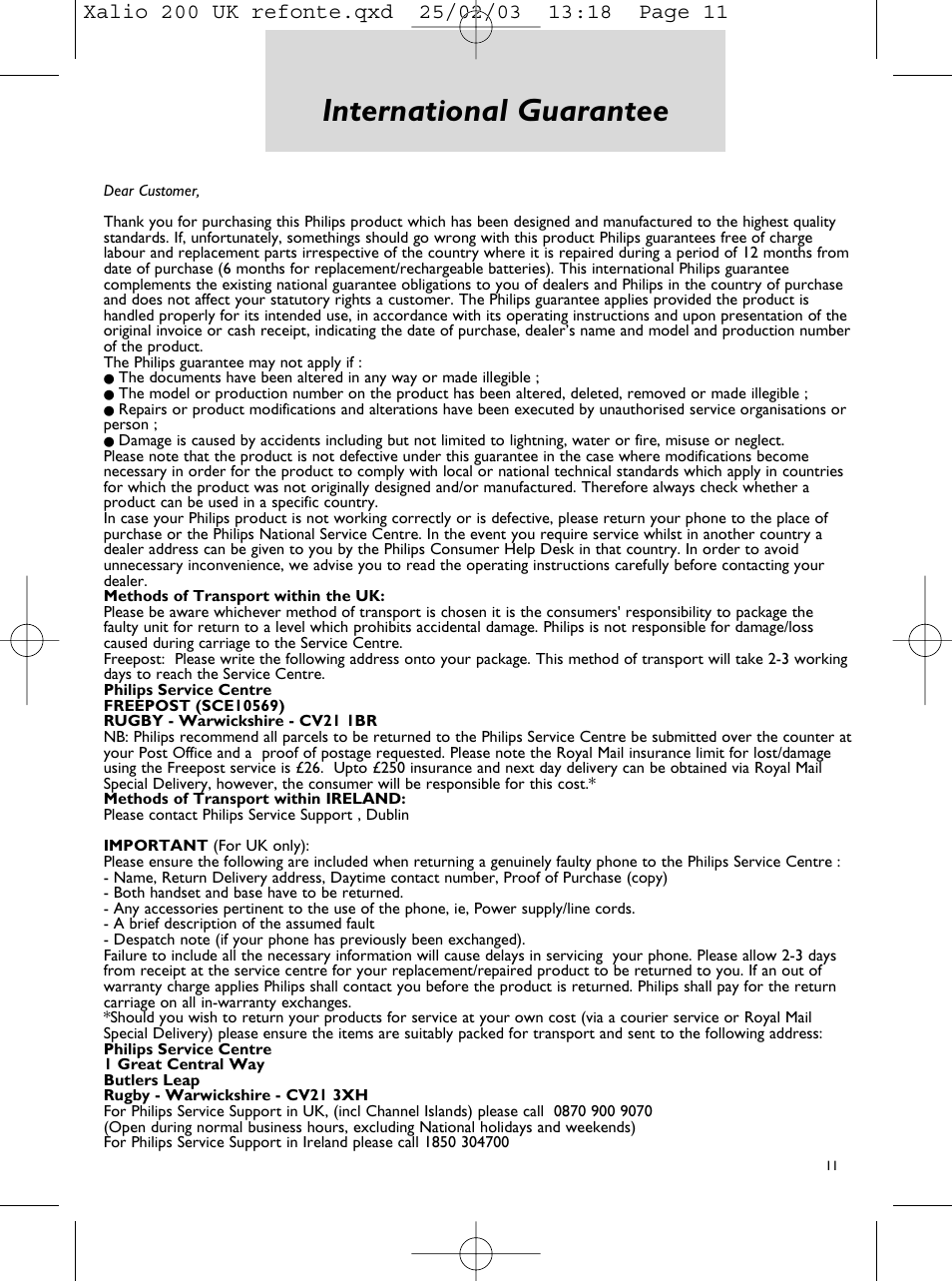 International guarantee | Philips Xalio 200 Duo User Manual | Page 13 / 17