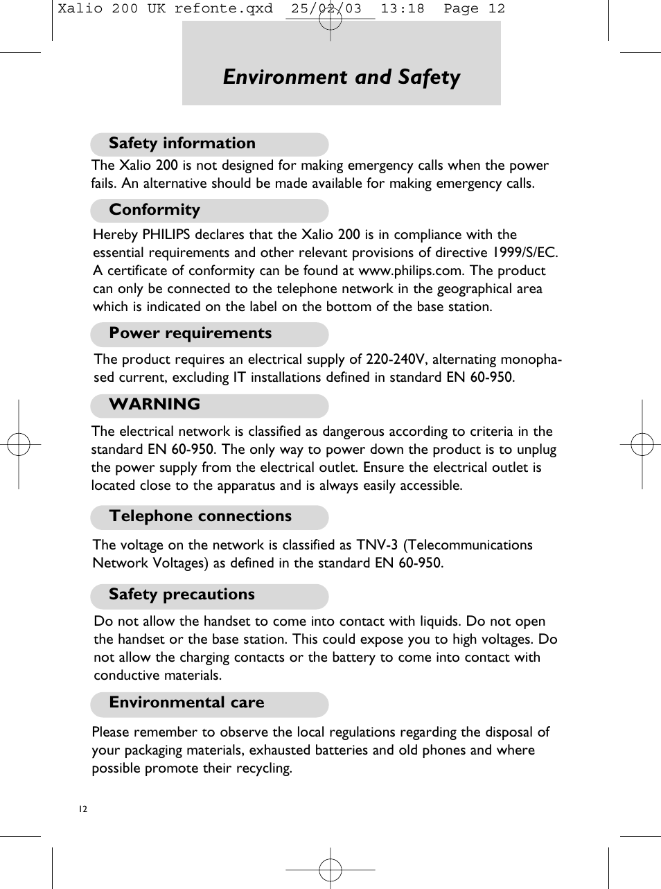 Environment & safety, Environment and safety | Philips Xalio 200 Duo User Manual | Page 14 / 17