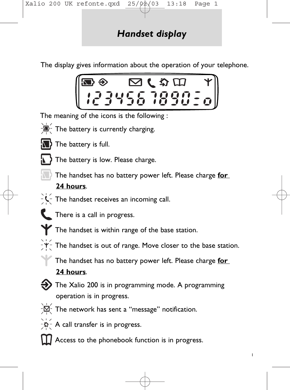 Handset display | Philips Xalio 200 Duo User Manual | Page 3 / 17