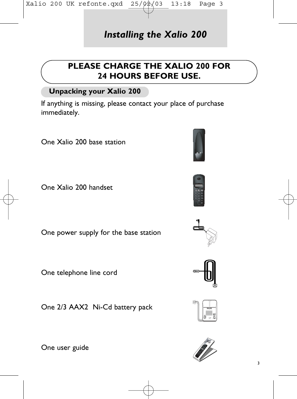 Installing the xalio 200, Unpacking your xalio 200 | Philips Xalio 200 Duo User Manual | Page 5 / 17