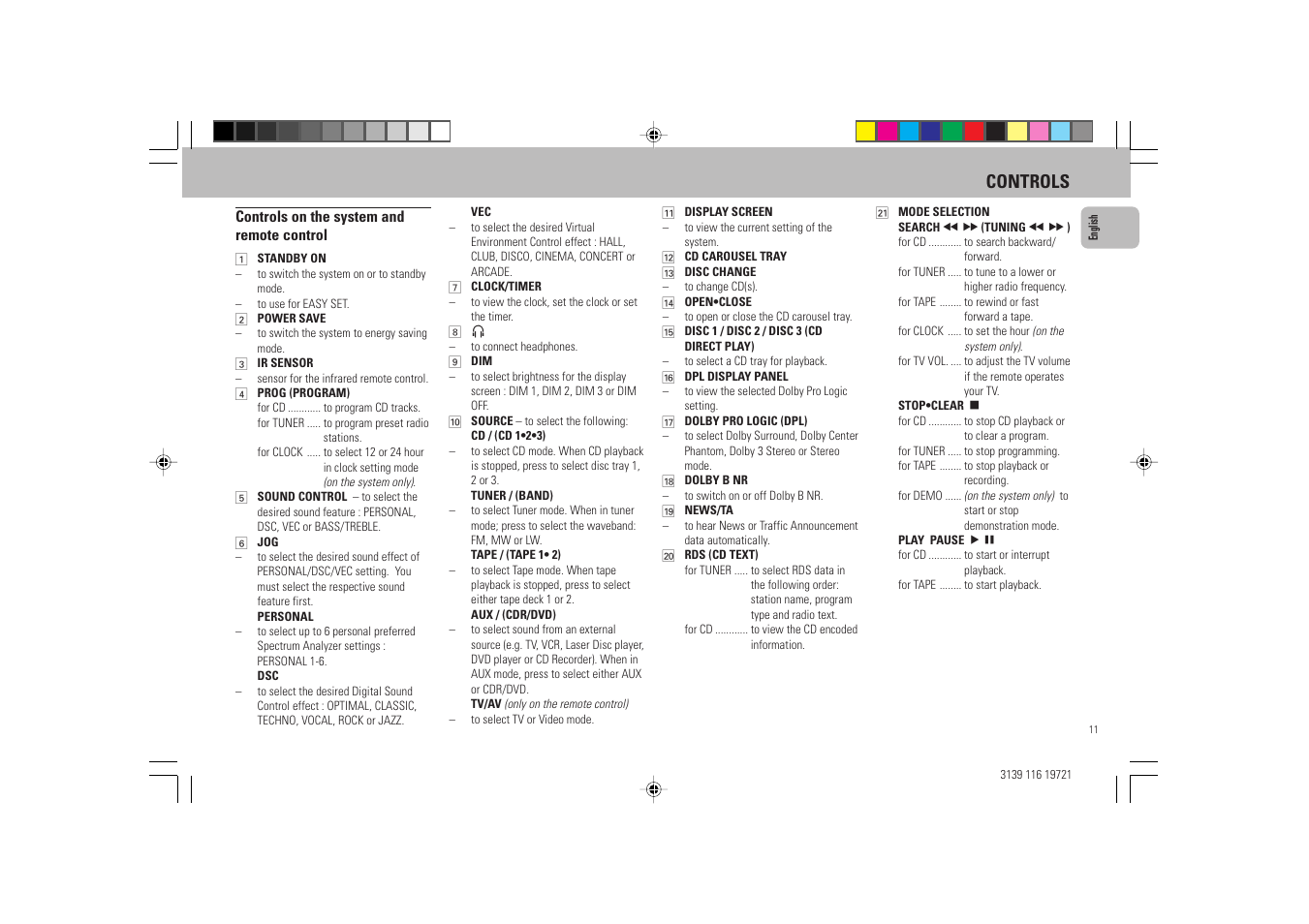 Controls | Philips FW P88 User Manual | Page 11 / 31
