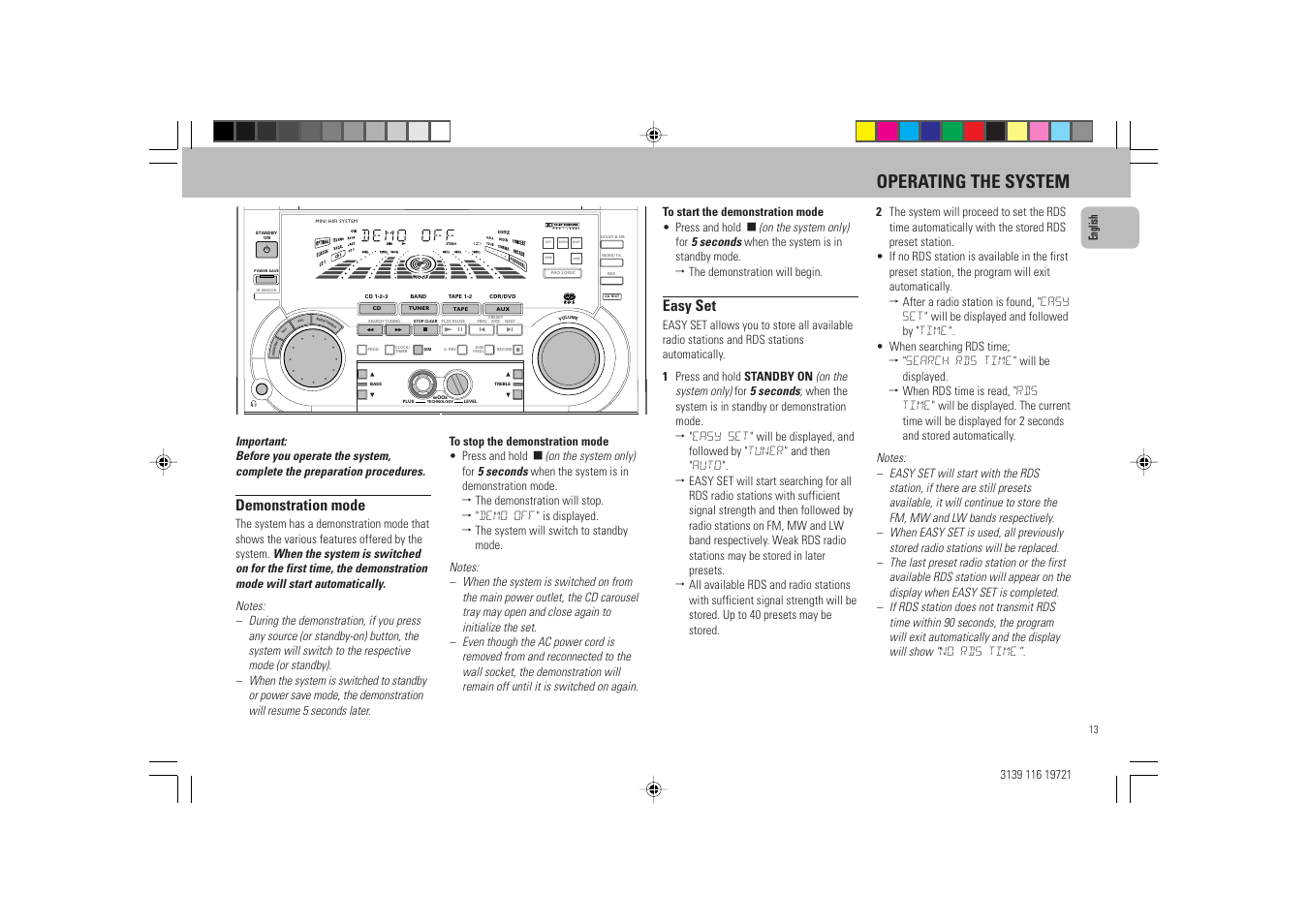 Operating the system, Easy set, Demonstration mode | Philips FW P88 User Manual | Page 13 / 31