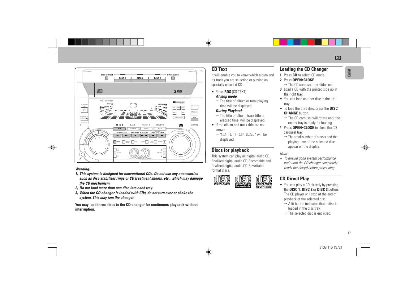 Cd text, Discs for playback, Loading the cd changer | Cd direct play | Philips FW P88 User Manual | Page 17 / 31