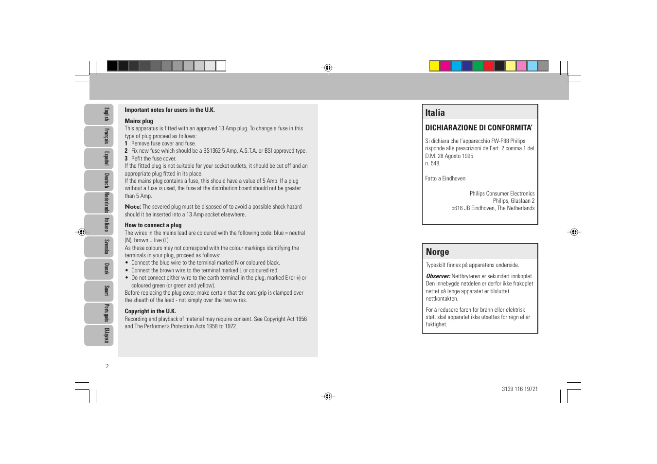 Norge, Italia | Philips FW P88 User Manual | Page 2 / 31