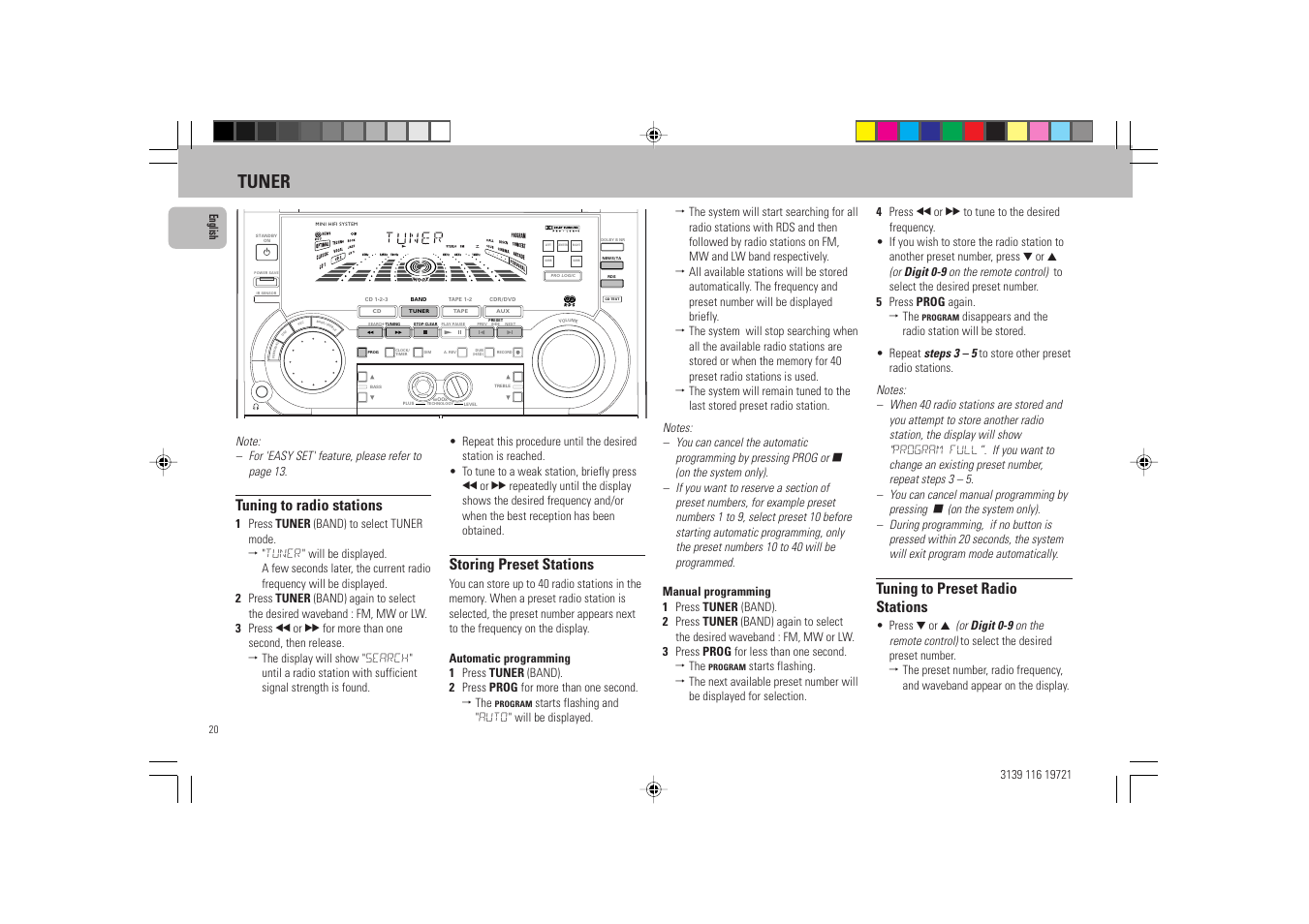 Tuner, Tuning to radio stations, Storing preset stations | Tuning to preset radio stations | Philips FW P88 User Manual | Page 20 / 31