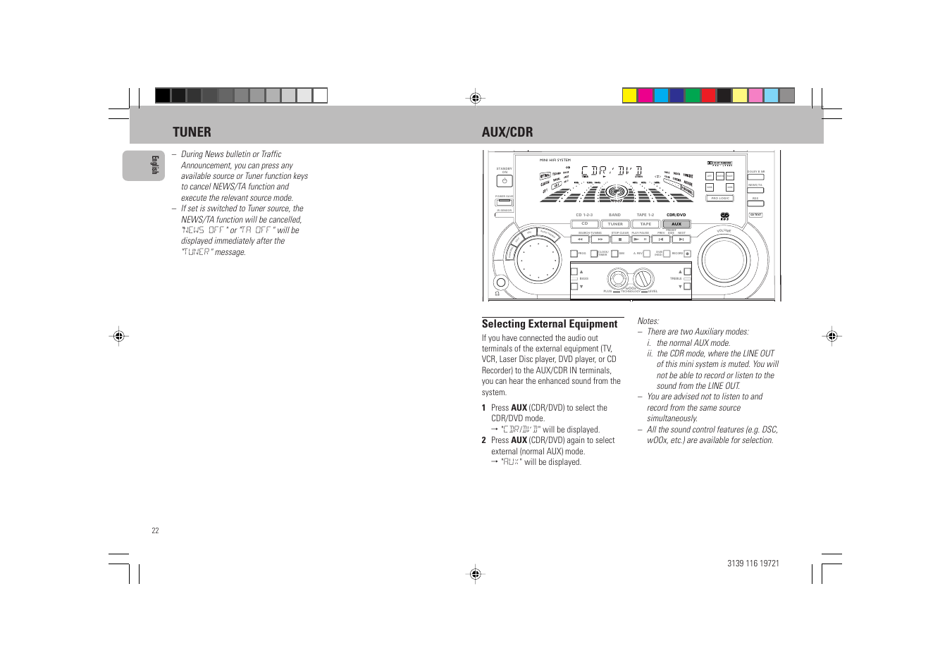 Tuner aux/cdr, Selecting external equipment | Philips FW P88 User Manual | Page 22 / 31
