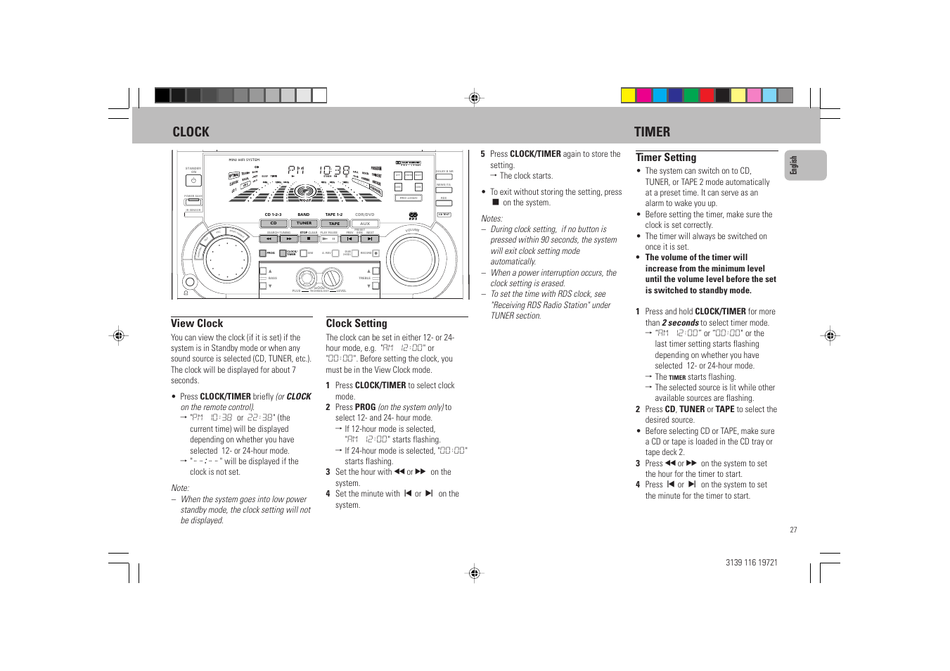Clock timer, View clock, Clock setting | Timer setting | Philips FW P88 User Manual | Page 27 / 31