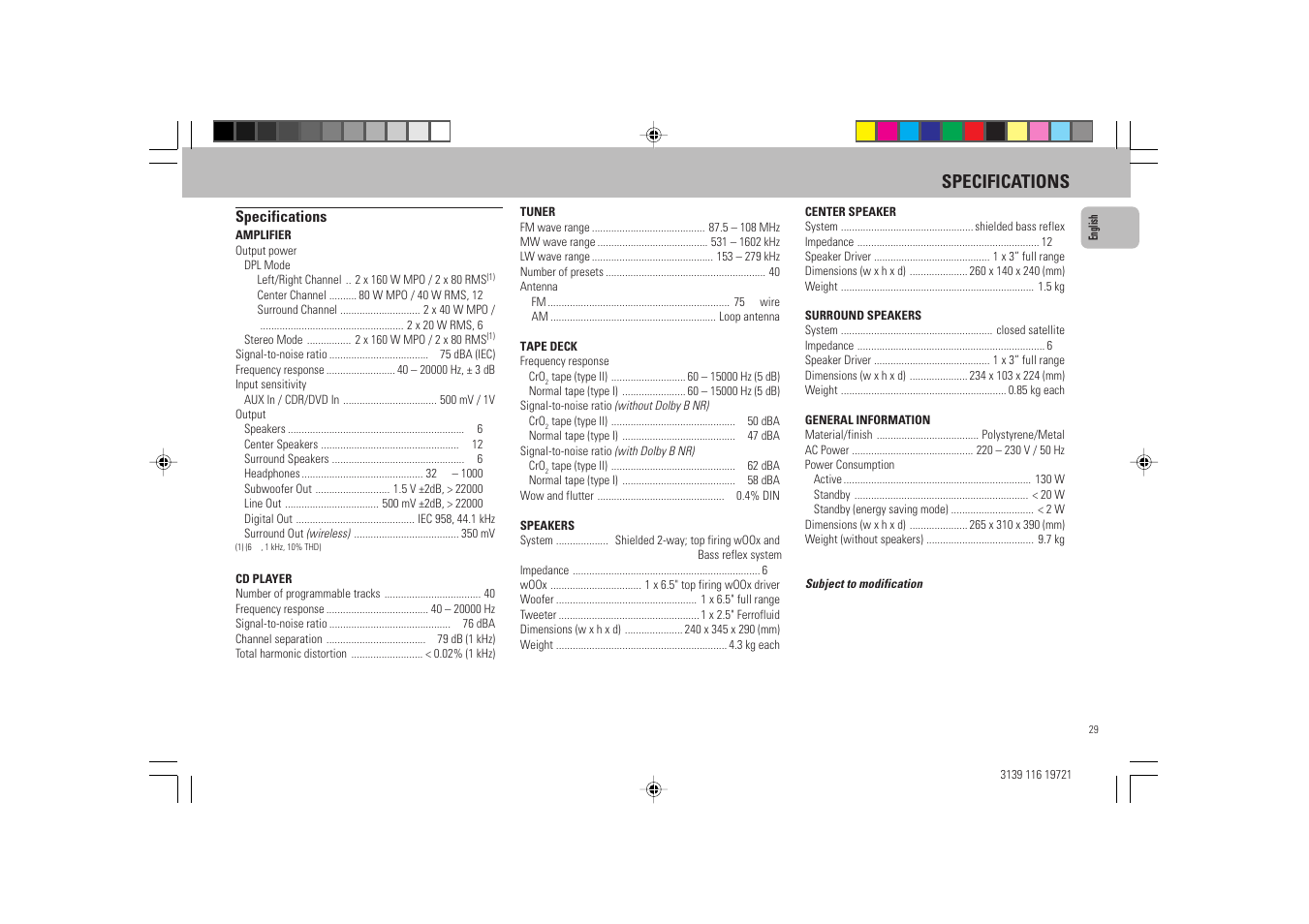 Specifications | Philips FW P88 User Manual | Page 29 / 31