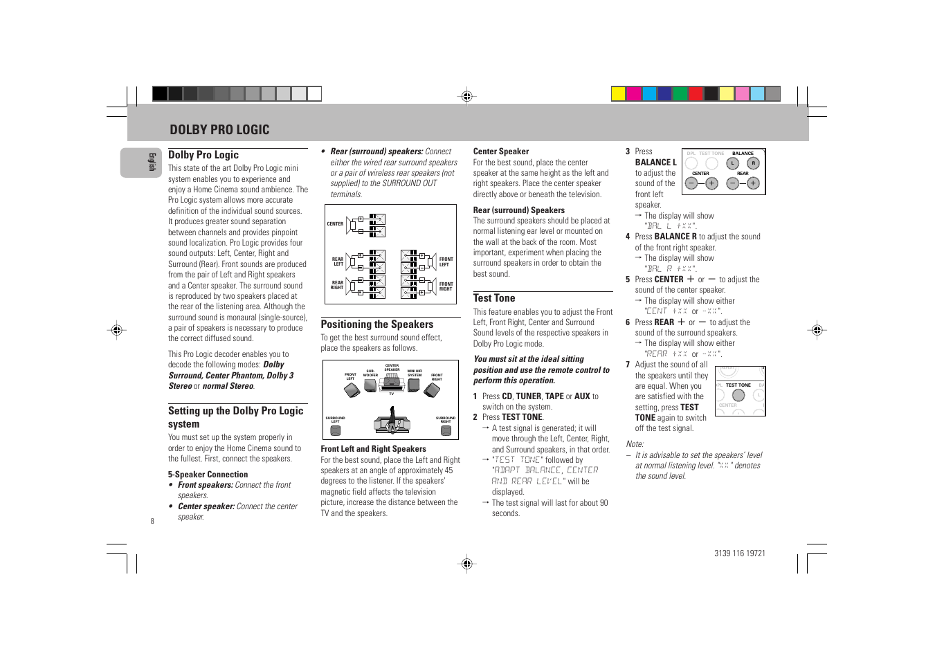 Dolby pro logic, Setting up the dolby pro logic system, Positioning the speakers | Test tone | Philips FW P88 User Manual | Page 8 / 31