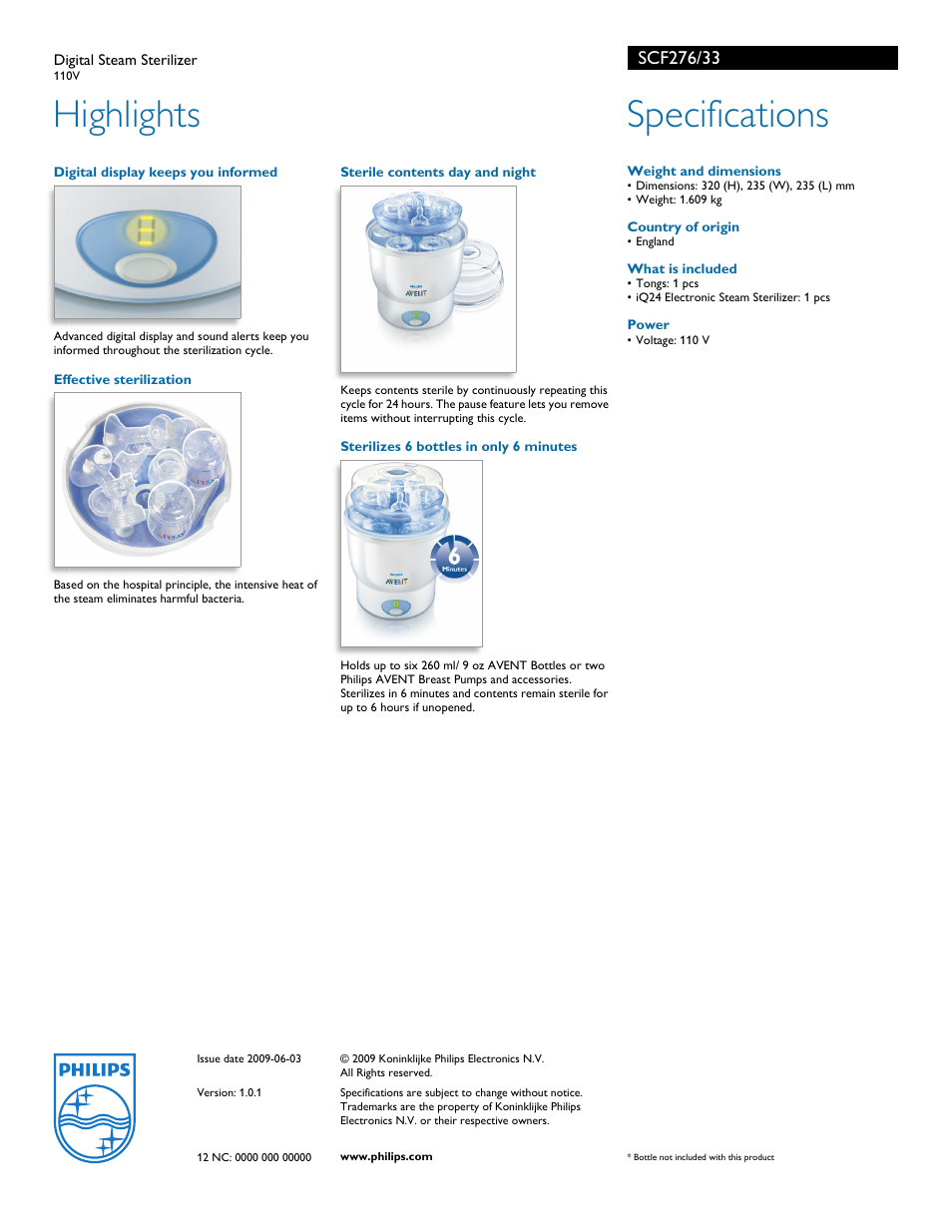 Highlights, Specifications | Philips Digital Steam Sterilizer SCF276/33 User Manual | Page 2 / 2