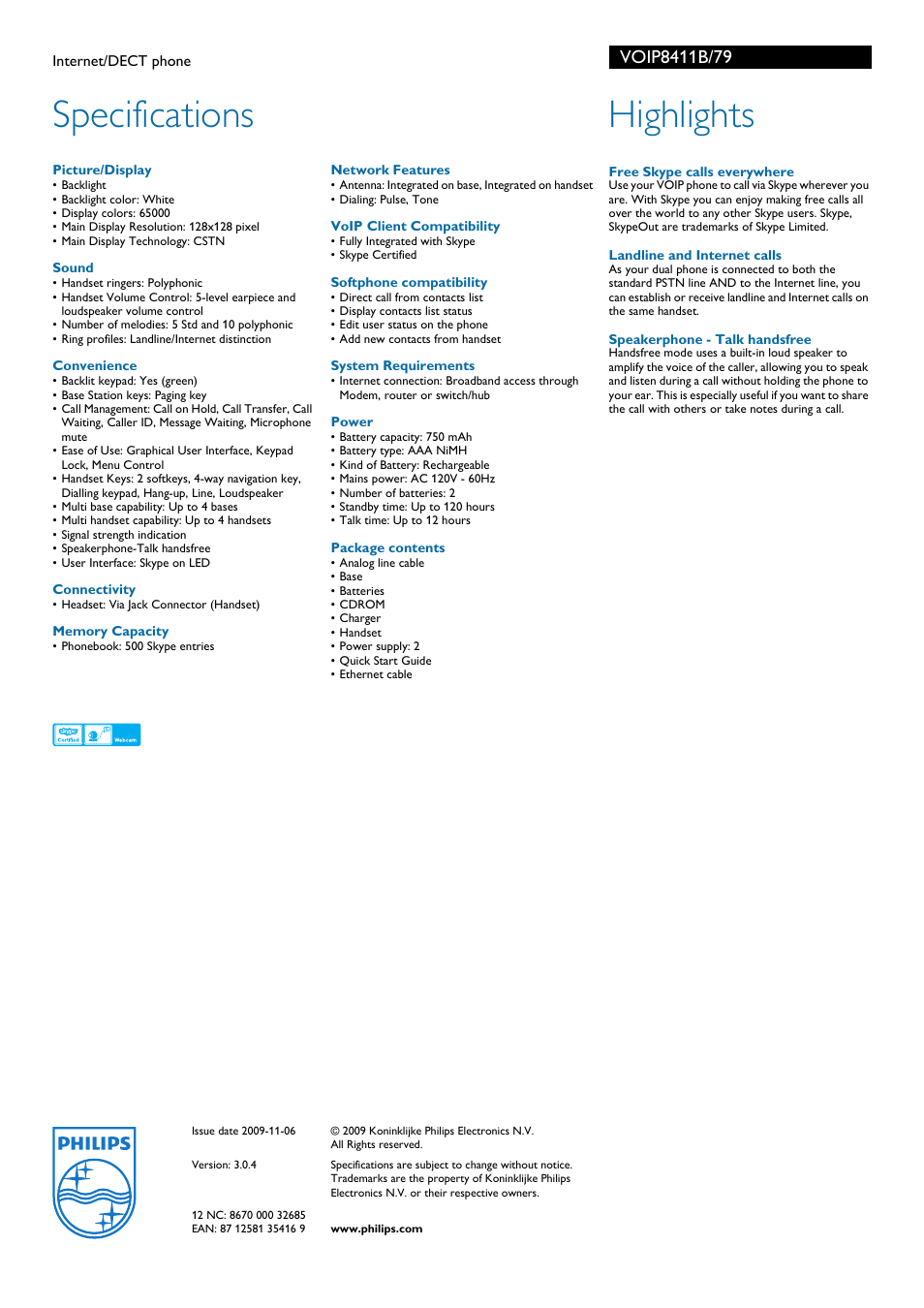 Specifications, Highlights | Philips VOIP8411B User Manual | Page 2 / 2