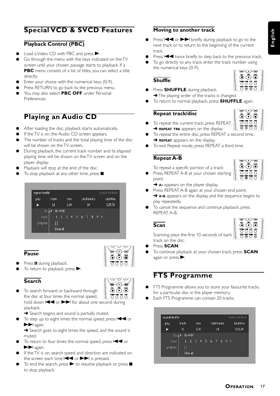 Special vcd & svcd features, Playing an audio cd, Fts programme | Philips DVD722/051 User Manual | Page 17 / 22