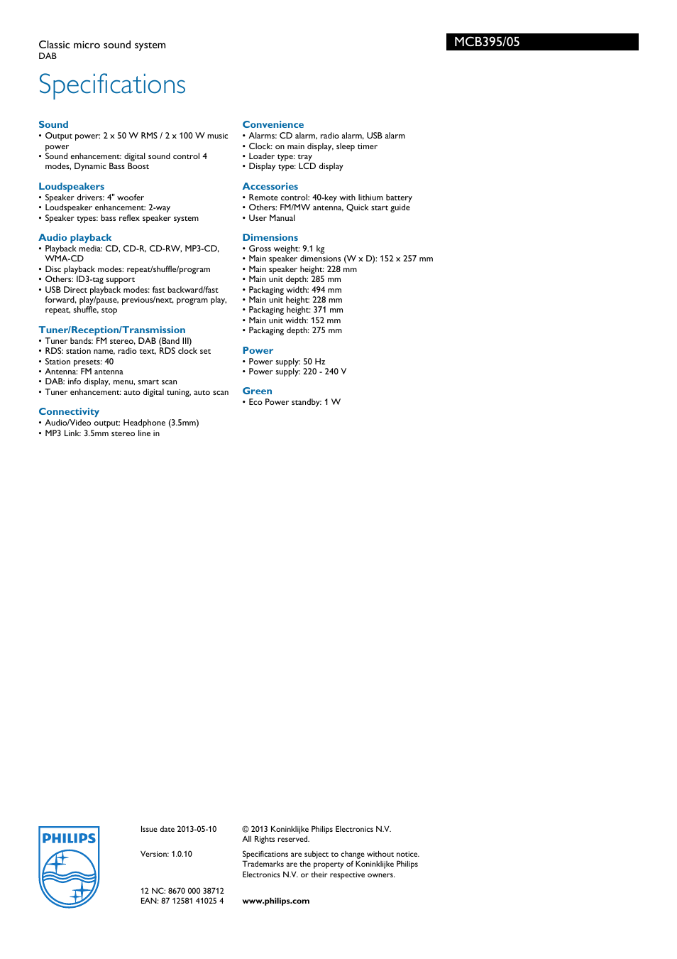 Specifications | Philips MCB395 User Manual | Page 3 / 3