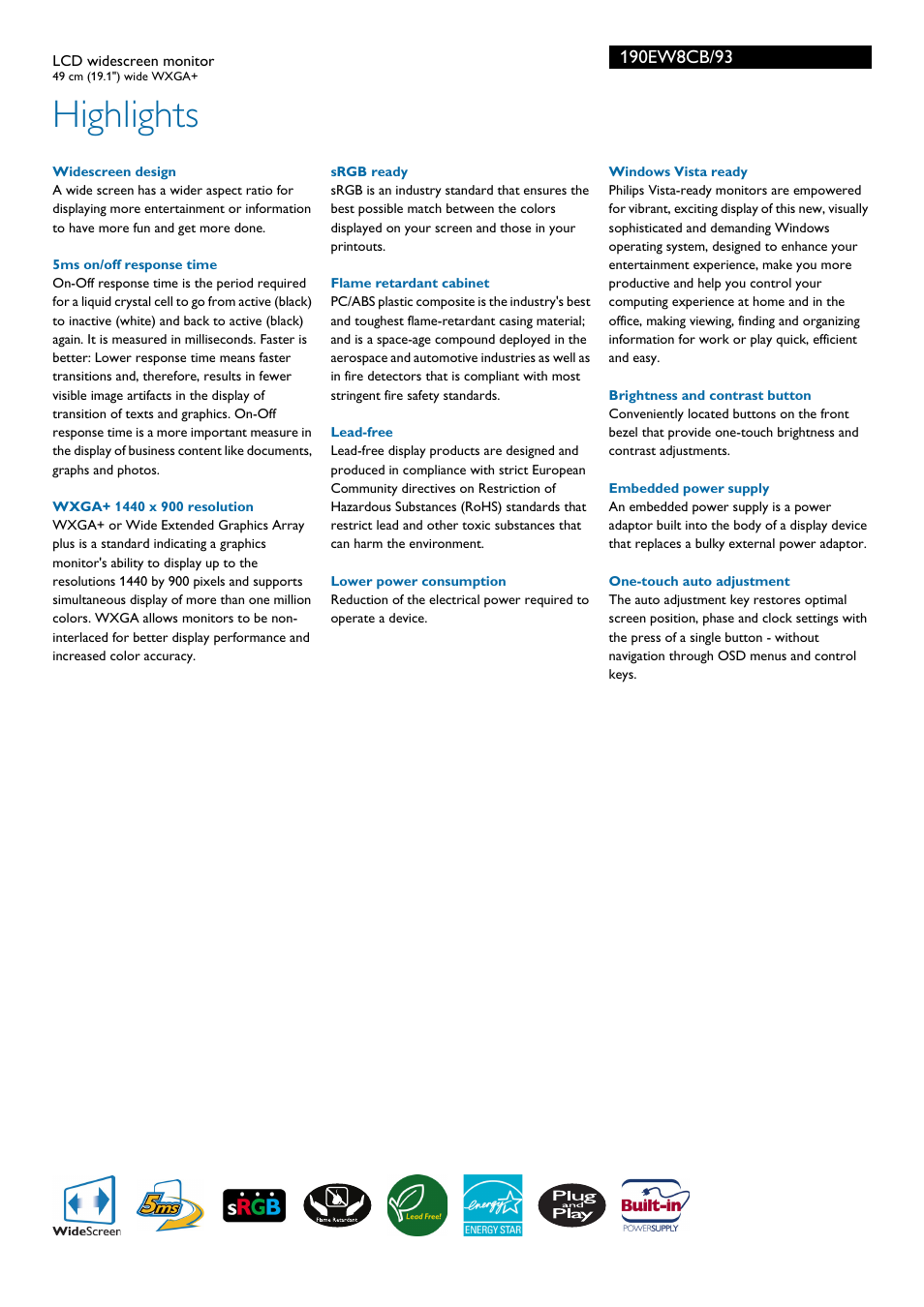 Highlights | Philips WXGA+ 190EW8CB/93LCD User Manual | Page 2 / 3