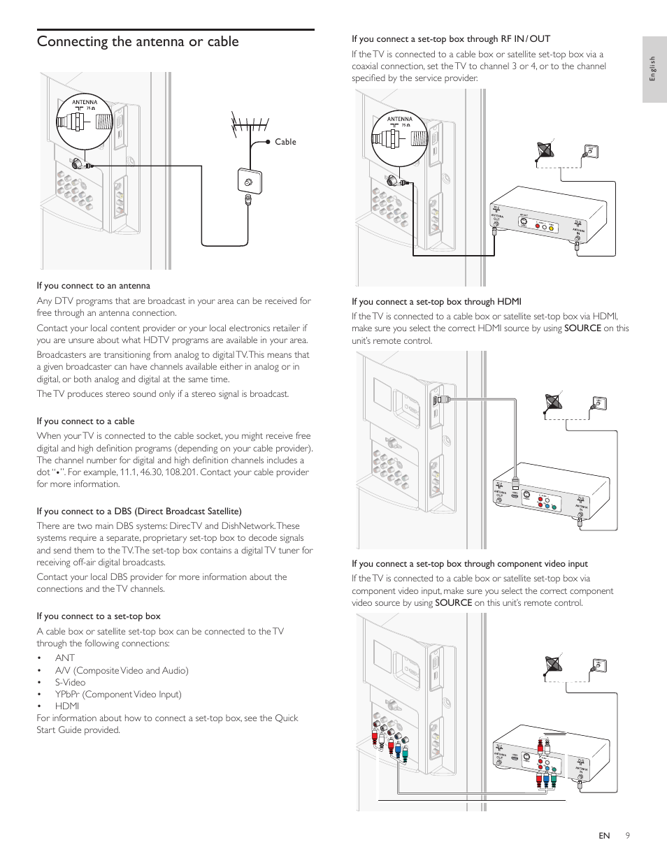 Connecting the antenna or cable | Philips 1EMN26039A User Manual | Page 10 / 37