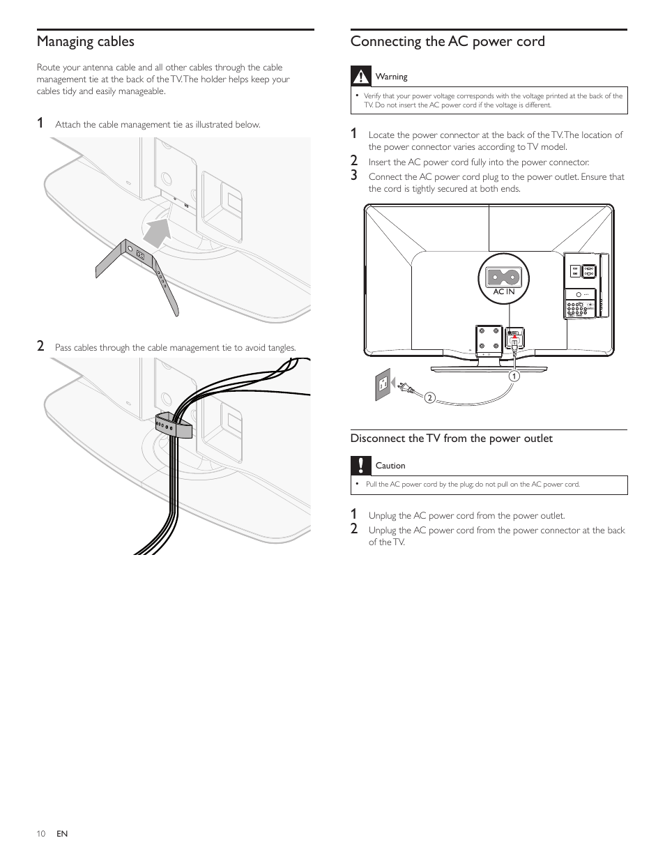 Managing cables, Connecting the ac power cord | Philips 1EMN26039A User Manual | Page 11 / 37