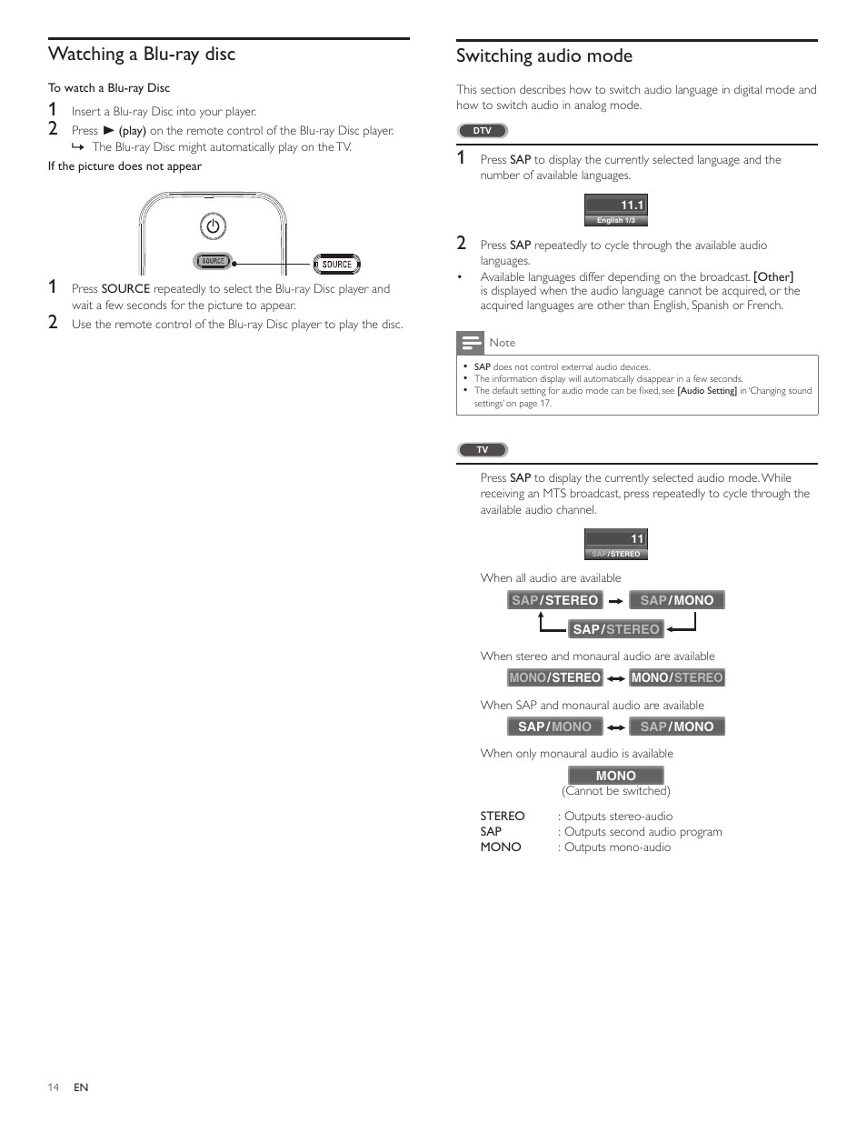 Watching a blu-ray disc, Switching audio mode | Philips 1EMN26039A User Manual | Page 15 / 37