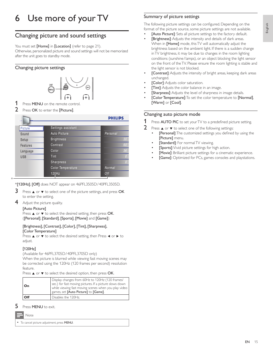 6 use more of your tv, Changing picture and sound settings | Philips 1EMN26039A User Manual | Page 16 / 37